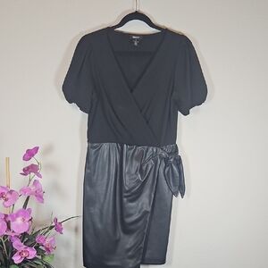 DKNY Black Wrap Dress. Knit Top. Faux Leather Wrap Skirt. Size 8